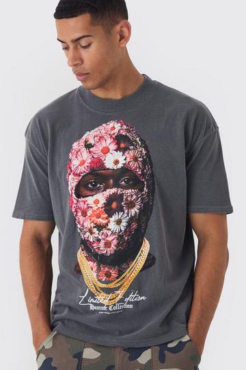 Oversized Boxy Washed Floral Mask Print T-Shirt charcoal