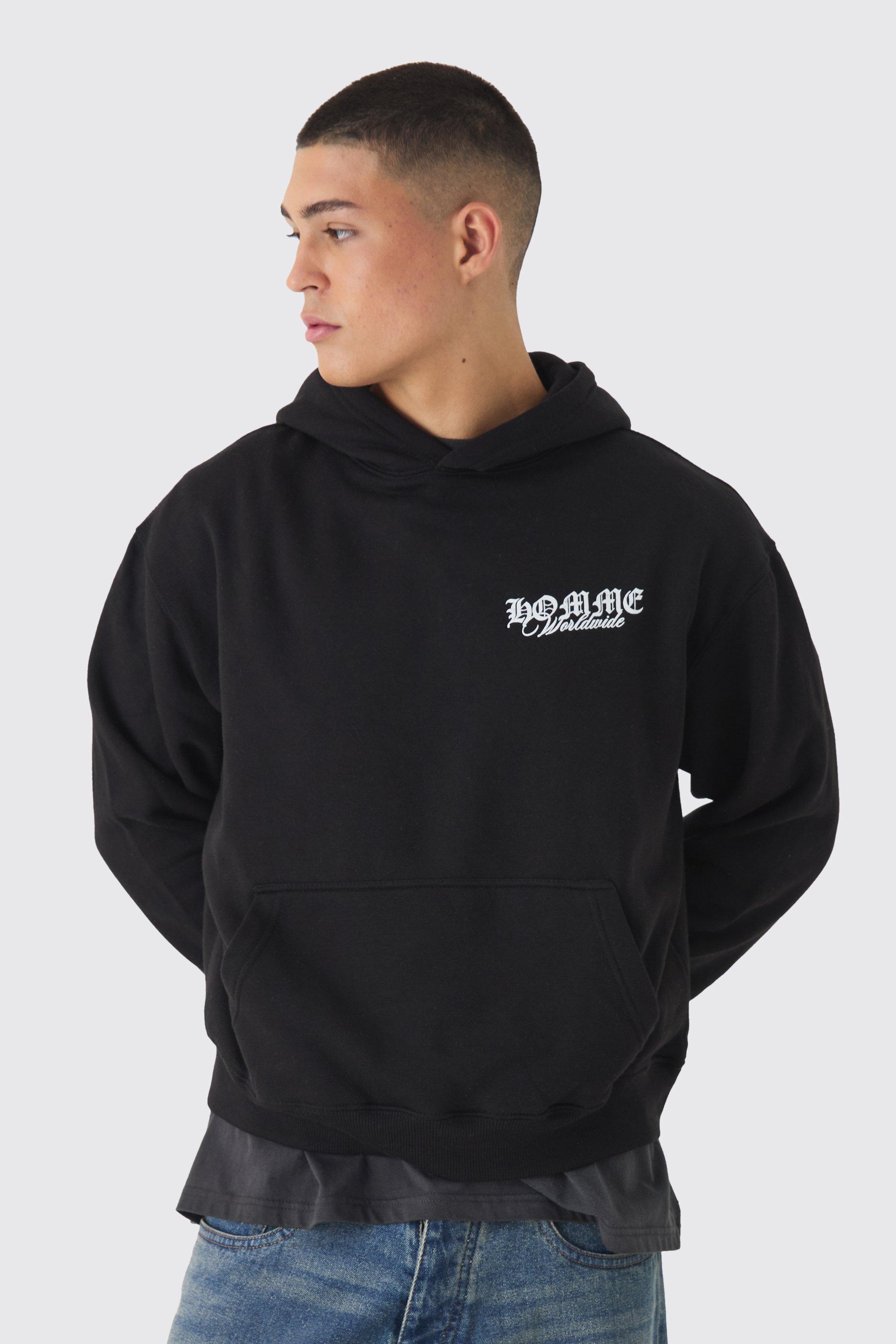 Boxy Homme Tonal Print Hoodie boohoo