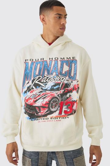 Ecru White Oversized Monaco Racing Print Hoodie