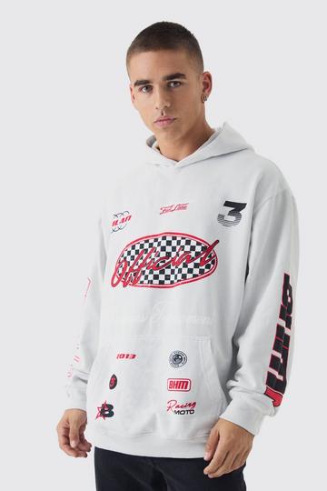 Grey Oversized Moto Print Hoodie