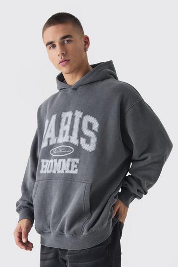 Charcoal Grey Washed Paris Print Hoodie