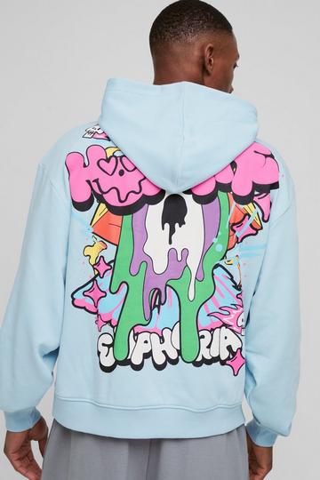 Blue Oversized Boxy Doodle Graphic Puff Print Hoodie