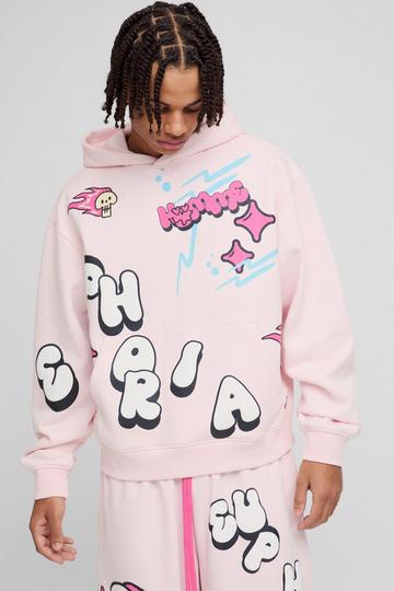 Oversized Boxy Doodle Graphic Puff Print Hoodie pink