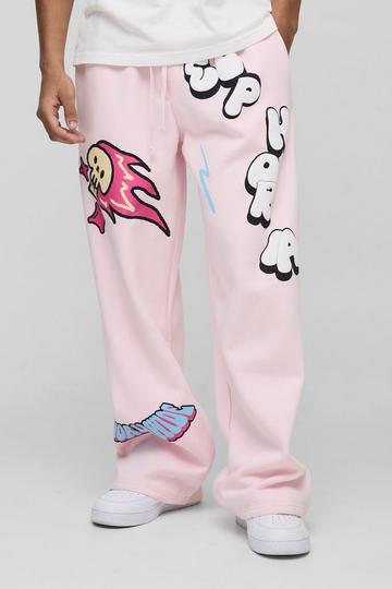 Wide Leg Doodle Graphic Puff Print Jogger pink