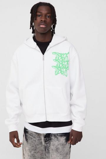 Oversized Boxy Doodle Zip Through Graphic Puff Print Hoodie white