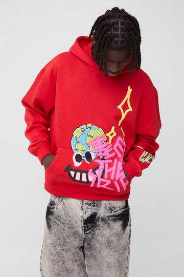 Red Oversized Boxy Doodle Graphic Puff Print Hoodie