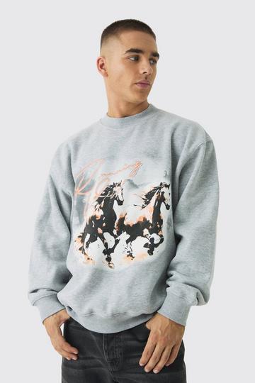 Grey Oversized Extended Neck Horse Print Sweatshirt