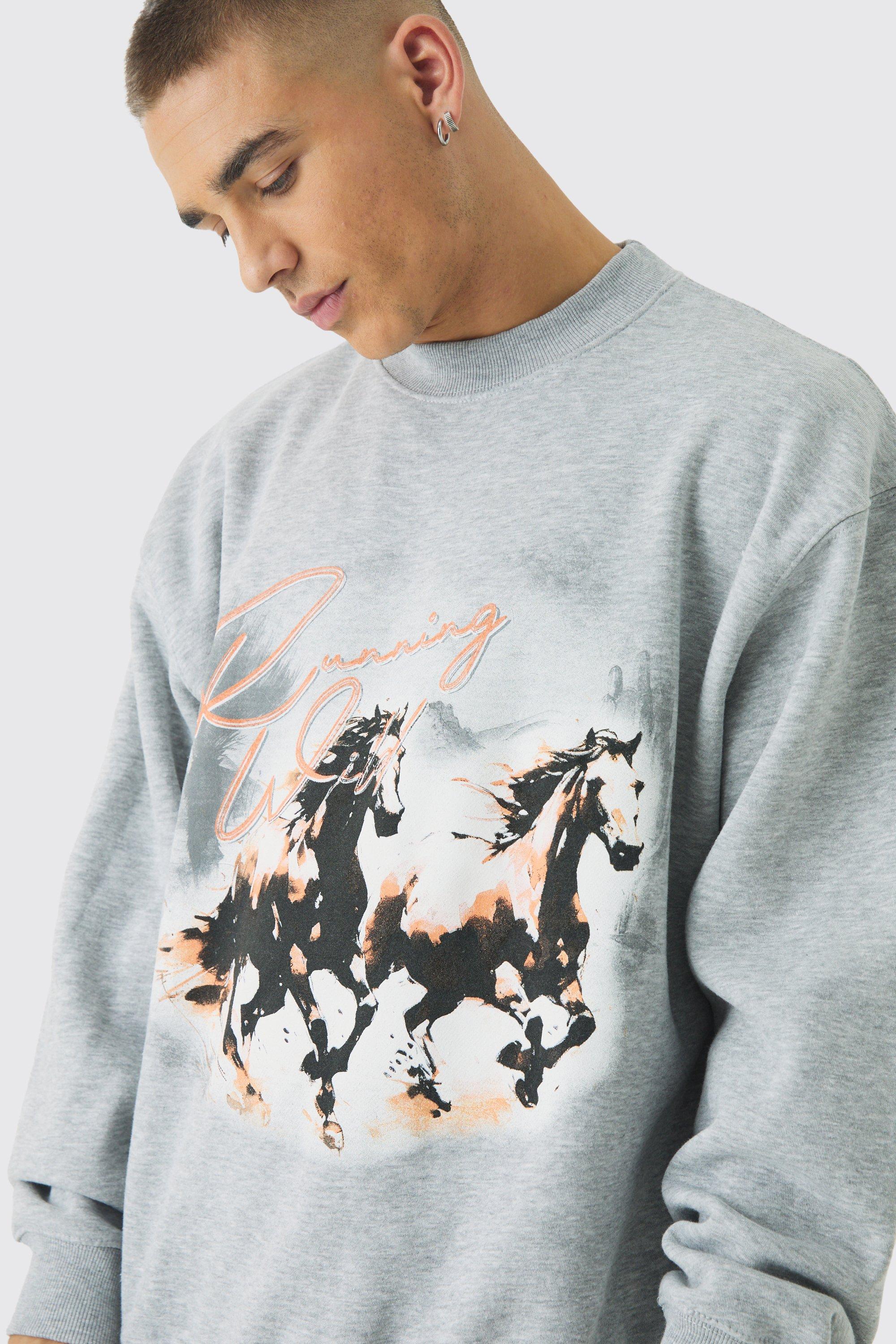 Oversized Extended Neck Horse Print Sweatshirt