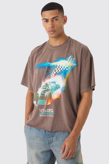 Boxy Washed Racing Print Raw Hem T-Shirt chocolate