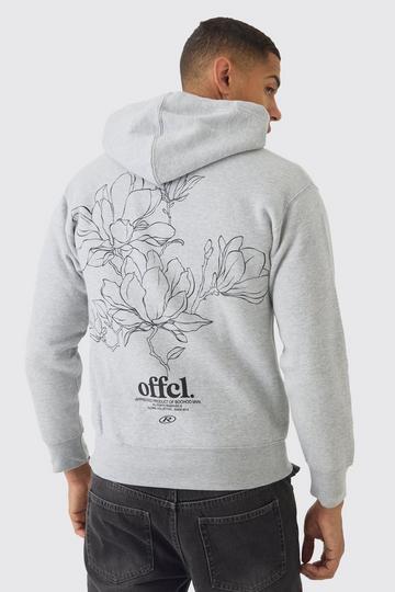 Washed Floral Line Drawing Back Print Zip Through Hoodie grey marl