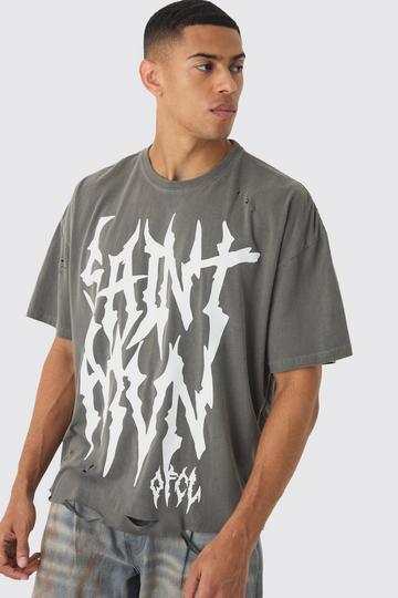 Boxy Extreme Distressed Gothic Print Washed Raw Hem T-Shirt charcoal