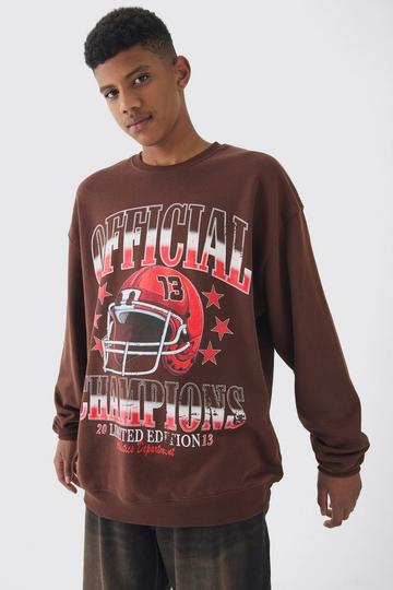 Tall Official Champions Print Washed Oversized Sweatshirt in Chocolate chocolate