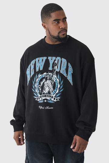 Plus New York Print Oversized Extended Neck Sweatshirt in Black black