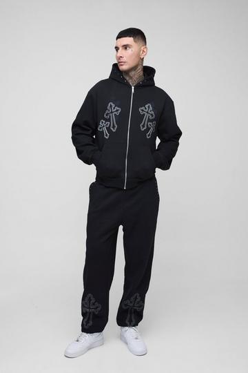 Tall Oversized Boxy Cross Embroidered Zip Through Hooded Tracksuit black