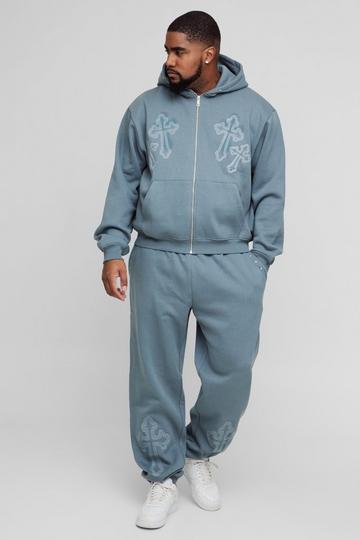 Blue Tall Oversized Boxy Cross Embroidered Zip Through Hooded Tracksuit