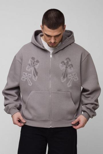 Tall Oversized Boxy Cross Embroidered Zip Through Hoodie grey