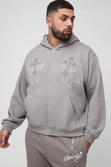 Plus Oversized Boxy Cross Embroidered Zip Through Hoodie grey