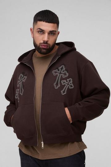 Plus Oversized Boxy Cross Embroidered Zip Through Hoodie brown