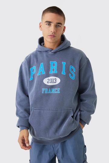 Oversized Paris Varsity Graphic Washed Hoodie navy