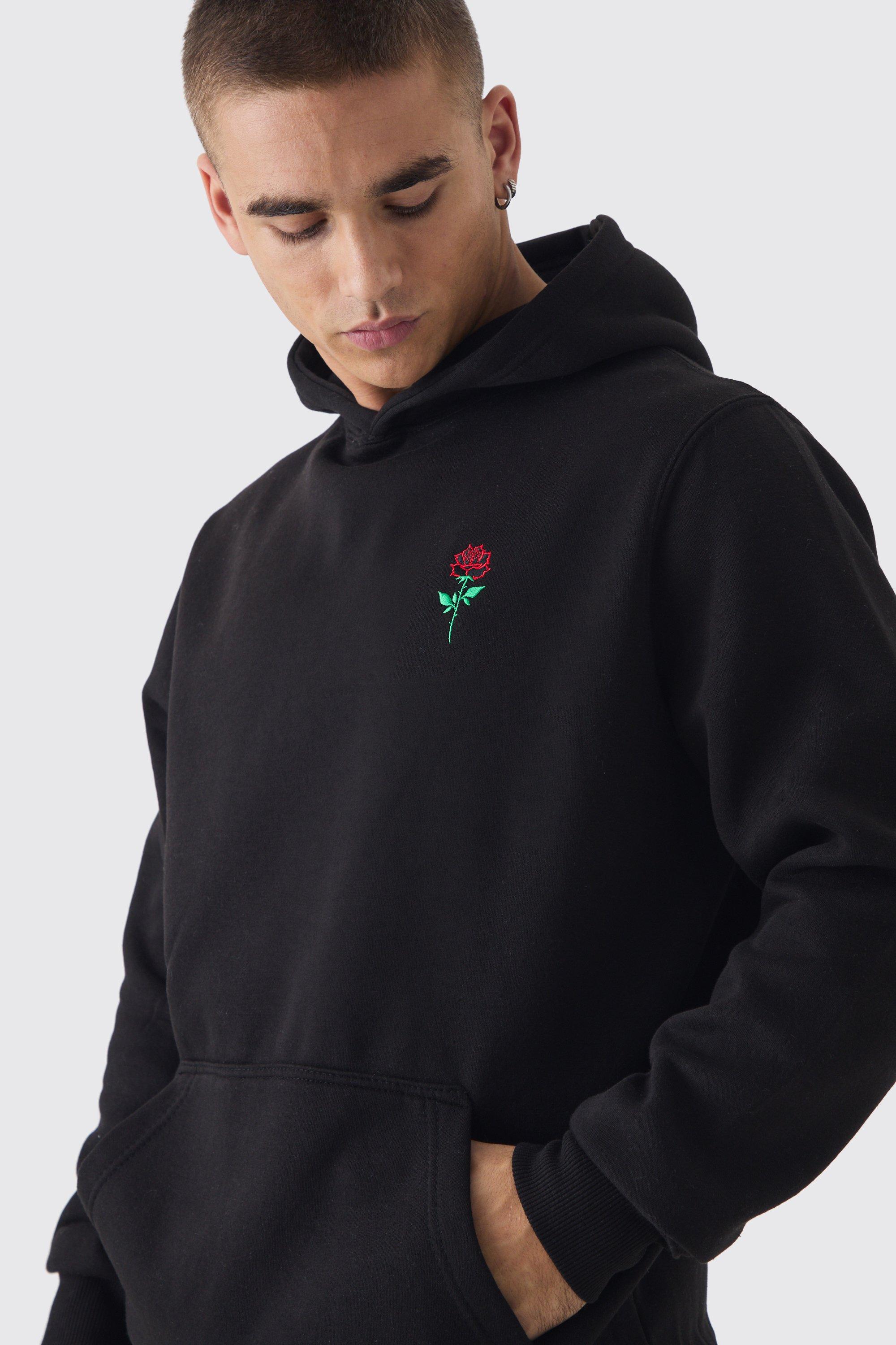 Black hoodie with embroidered rose on sale