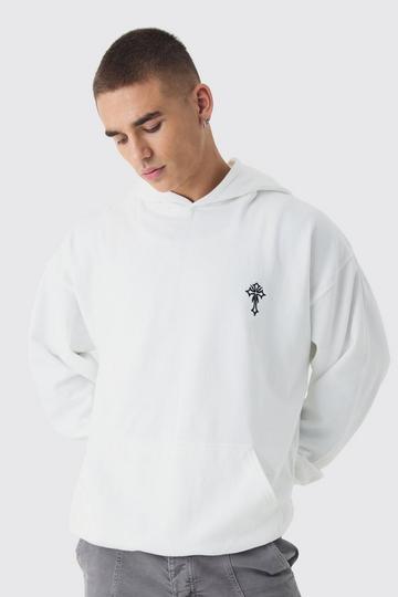 Oversized Gothic Cross Embroidered Hoodie white