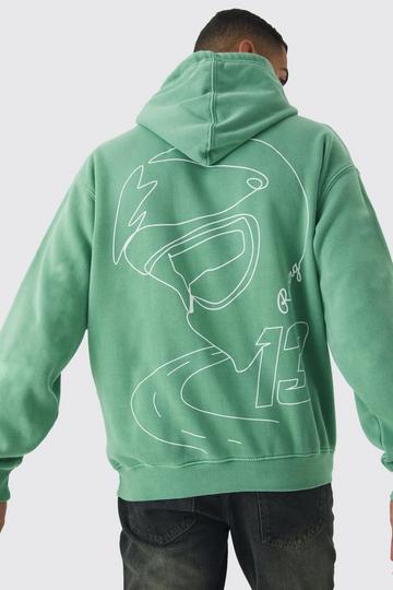 Oversized Gebleekte Moto Line Drawing Hoodie Met Print green