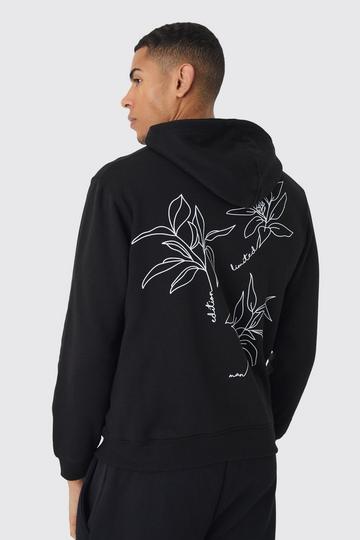 Line Drawn Floral Embroidered Graphic Zip Through Hoodie black