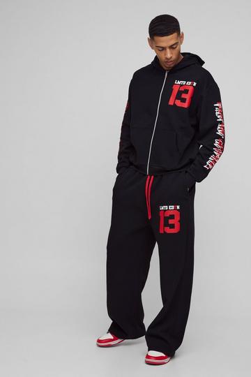 Oversized Boxy Limited Varsity Graffiti Zip Through Hooded Tracksuit black