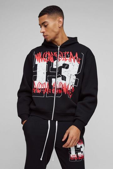 Oversized Boxy Graffiti 13 Varsity Zip Through Hoodie black