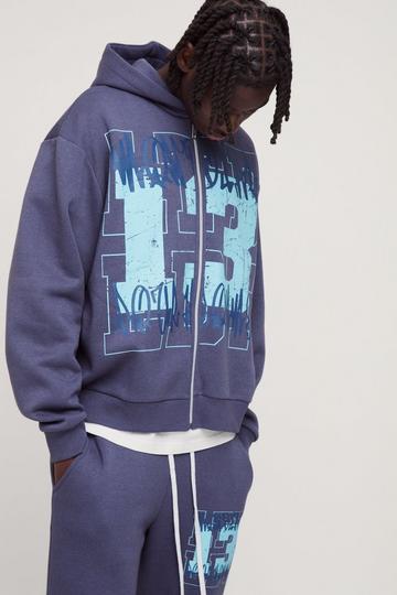 Purple Oversized Boxy Graffiti 13 Varsity Zip Through Hoodie