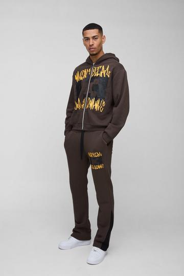 Chocolate Brown Oversized Boxy Graffiti 13 Varsity Zip Through Hooded Tracksuit