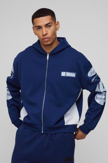 Oversized Boxy Moto Gusset Zip Through Hoodie navy