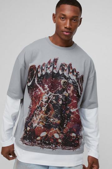 Oversized Outlaws Print Faux Layer Long Sleeve T-Shirt charcoal