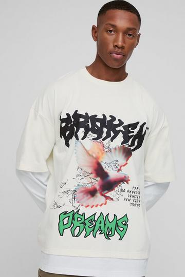 Oversized Broken Dreams Print Faux Layer Long Sleeve T-Shirt ecru