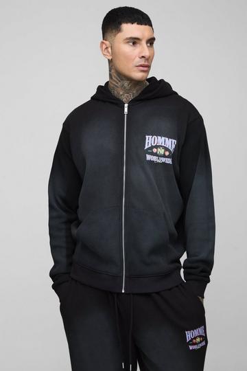 Tall Spray Wash Waffle Graphic Zip Up Hoodie washed black