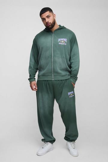 Plus Spray Wash Waffle Graphic Hooded Tracksuit green