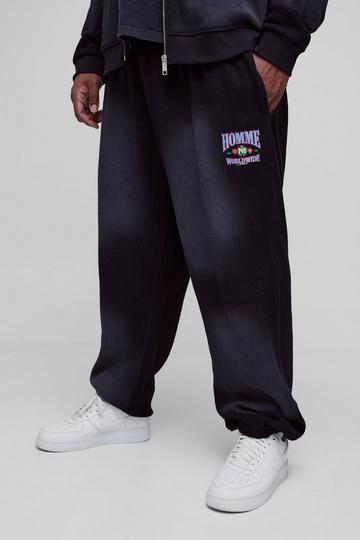 Plus Oversized Gebleekte Wafel Gebreide Joggingbroek Met Print washed black