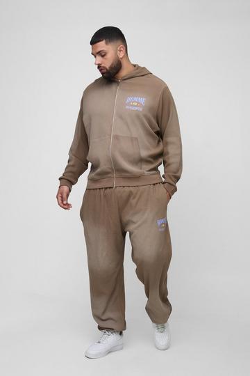 Plus Spray Wash Waffle Graphic Hooded Tracksuit brown