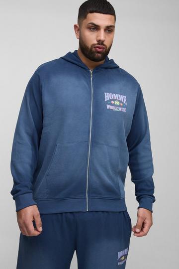 Plus Spray Wash Waffle Graphic Zip Up Hoodie navy