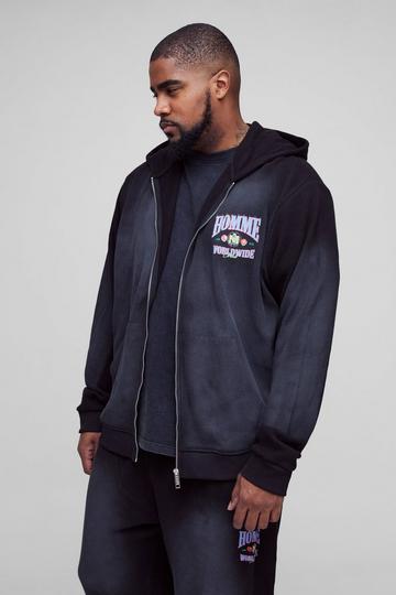 Plus Spray Wash Waffle Graphic Zip Up Hoodie washed black