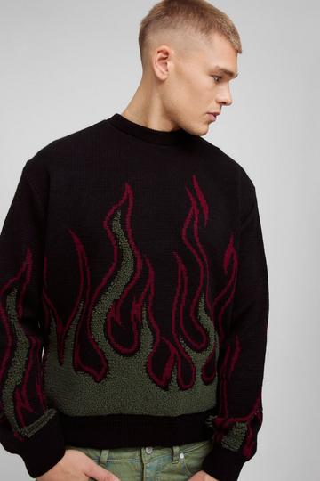 Oversized Boxy Flame Textured Knitted Jumper black