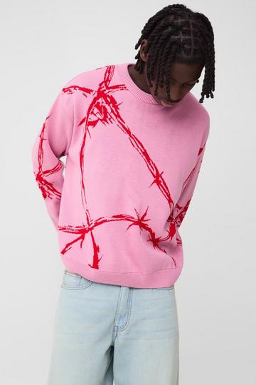 Pink Oversized Boxy Barbed Wire Jacquard Knitted Jumper