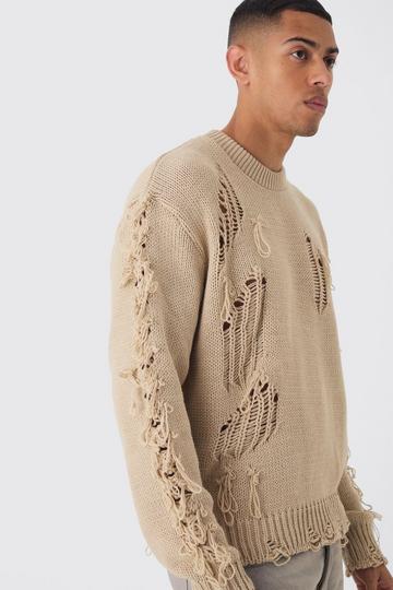 Oversized Distressed Sleeve Knitted Jumper stone