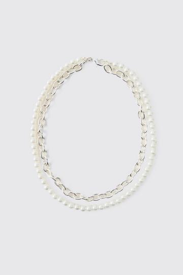 Layered Pearl and Chain Necklace white