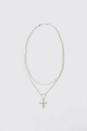 White Layered Pearl Cross Necklace