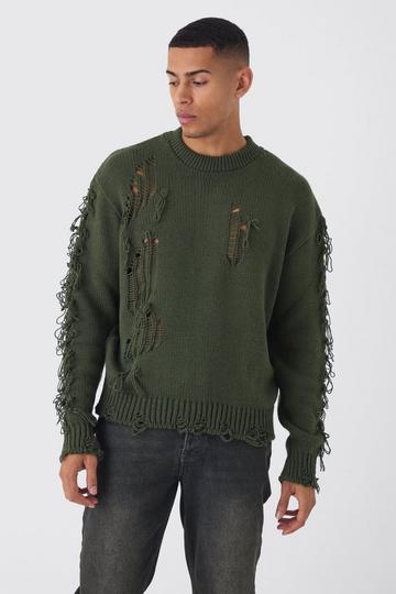 Oversized Distressed Sleeve Knitted Jumper khaki