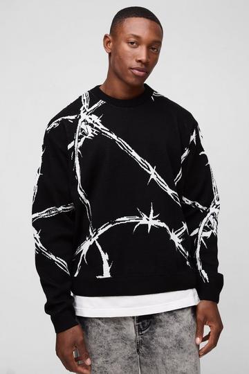 Oversized Boxy Barbed Wire Jacquard Knitted Jumper black