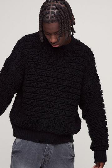 Black Oversized Boxy Distressed Textured Knitted Jumper