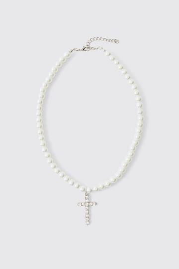 Pearl Necklace with Cross white