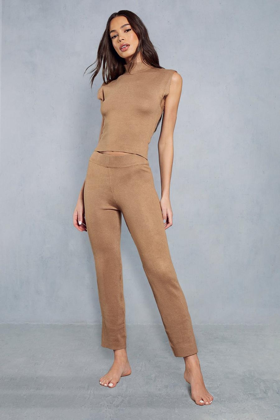 Taupe High Neck Knit Top & Trouser Co-ord image number 1